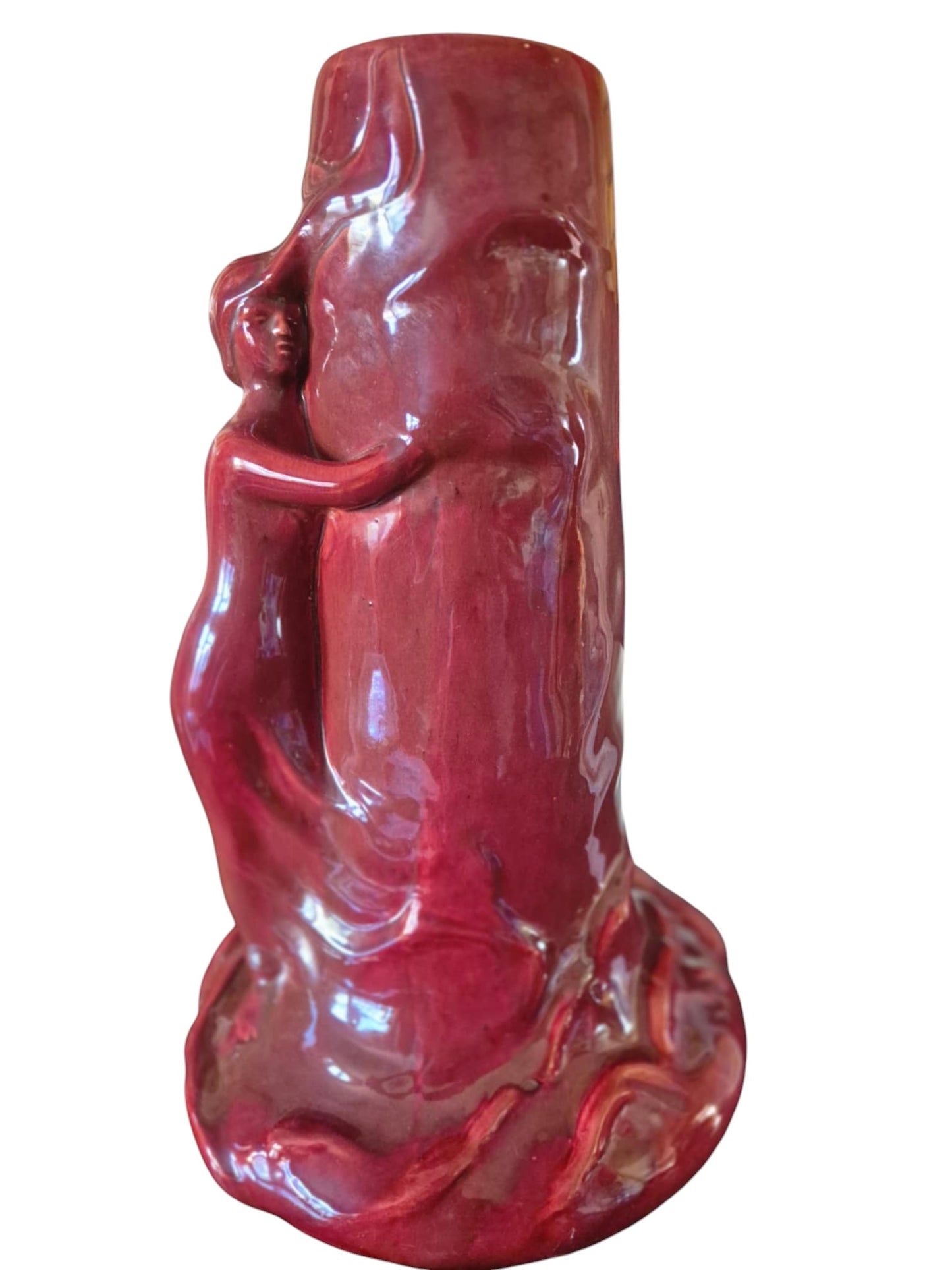 Close-up of Zsolnay eosin glaze pottery mark on base of antique figural vase, circa 1900–1940.