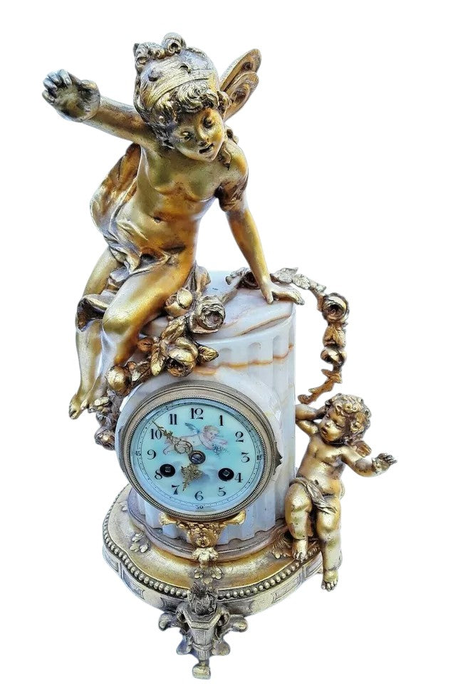 Antique French Onyx & Gilt Bronze Mantel Clock with Cherubs | 19th Century, c.1860–80