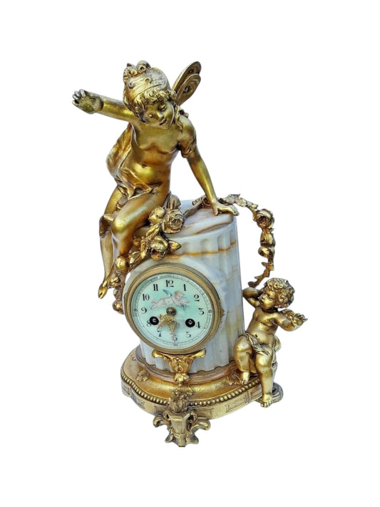 Antique French Onyx & Gilt Bronze Mantel Clock with Cherubs | 19th Century, c.1860–80