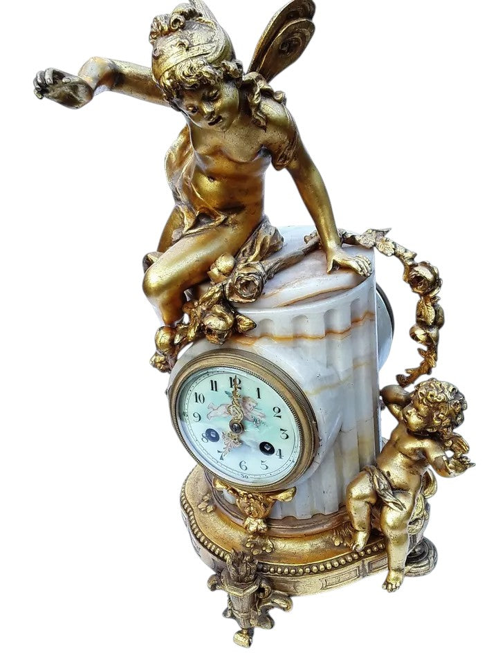 Antique French Onyx & Gilt Bronze Mantel Clock with Cherubs | 19th Century, c.1860–80