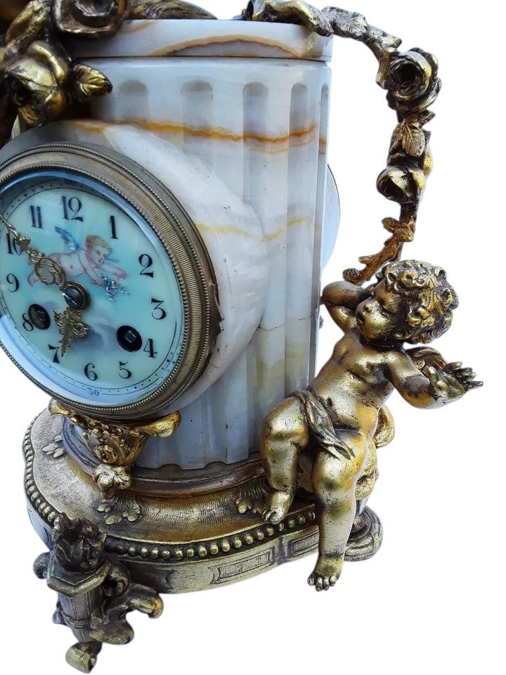Antique French Onyx & Gilt Bronze Mantel Clock with Cherubs | 19th Century, c.1860–80