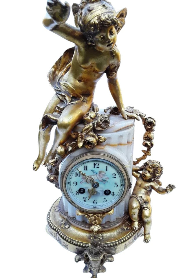 Antique French Onyx & Gilt Bronze Mantel Clock with Cherubs | 19th Century, c.1860–80