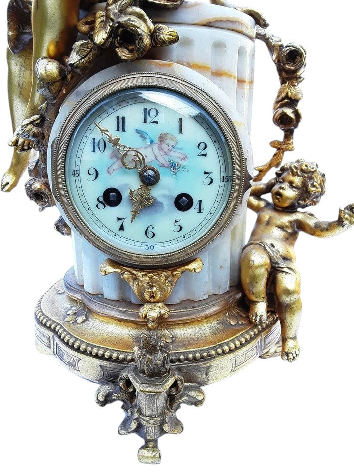 Antique French Onyx & Gilt Bronze Mantel Clock with Cherubs | 19th Century, c.1860–80