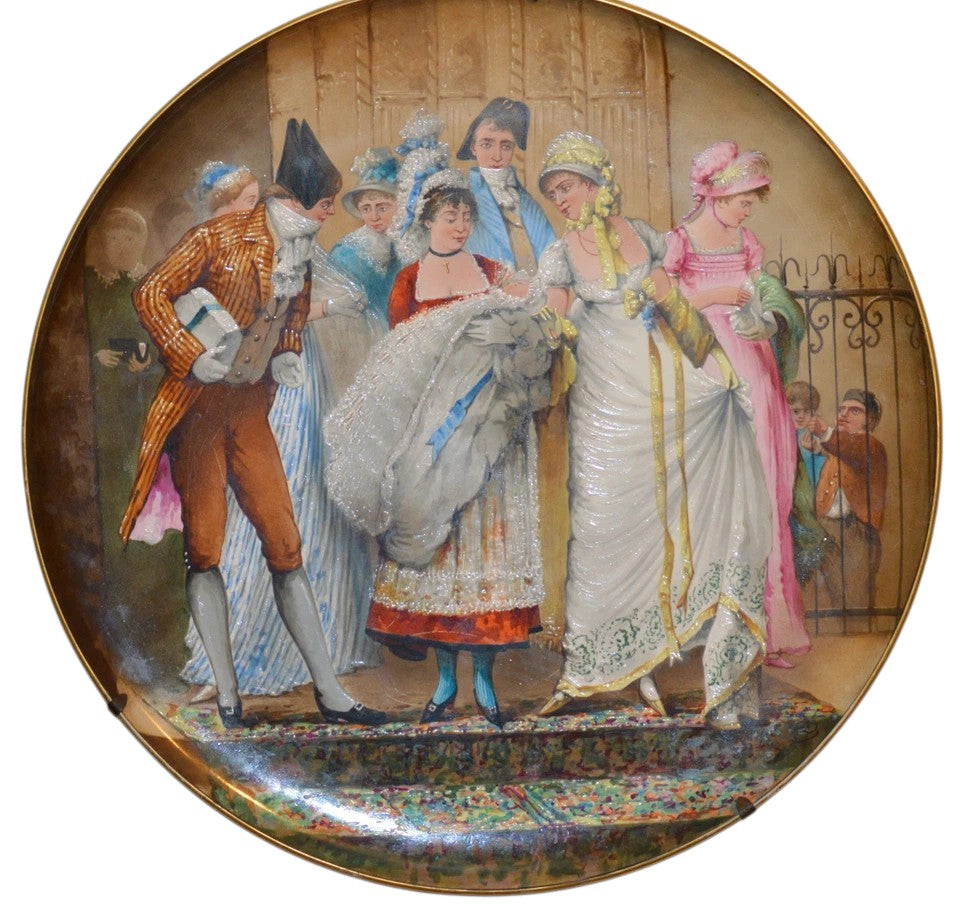 Antique French Creil et Montereau Plaque | Large Hand-Painted Christening Scene, c.1880