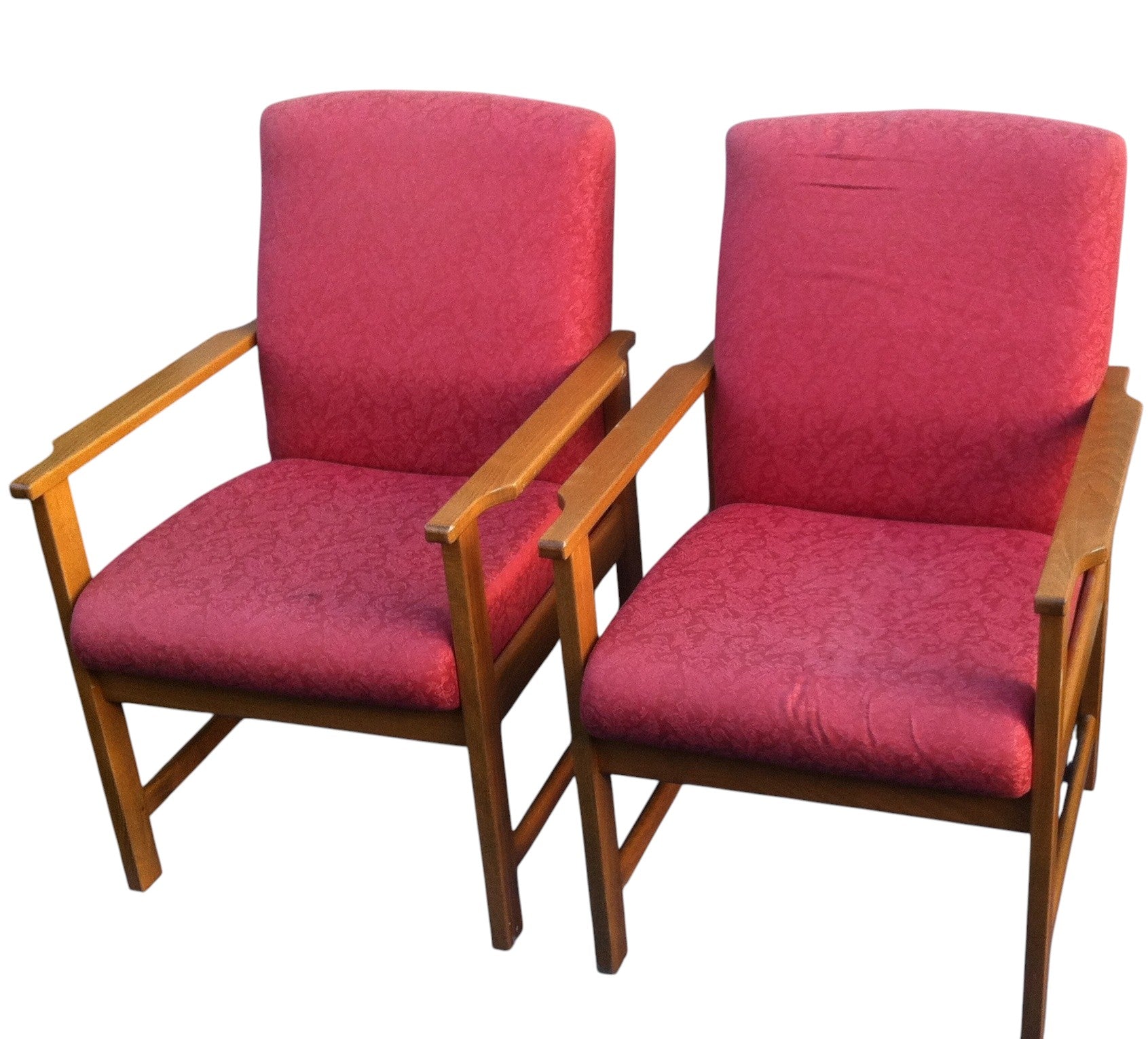 Pair of vintage Mid-Century Danish style lounge armchairs with beech wood frames and red retro fabric upholstery, circa 1960s–70s.