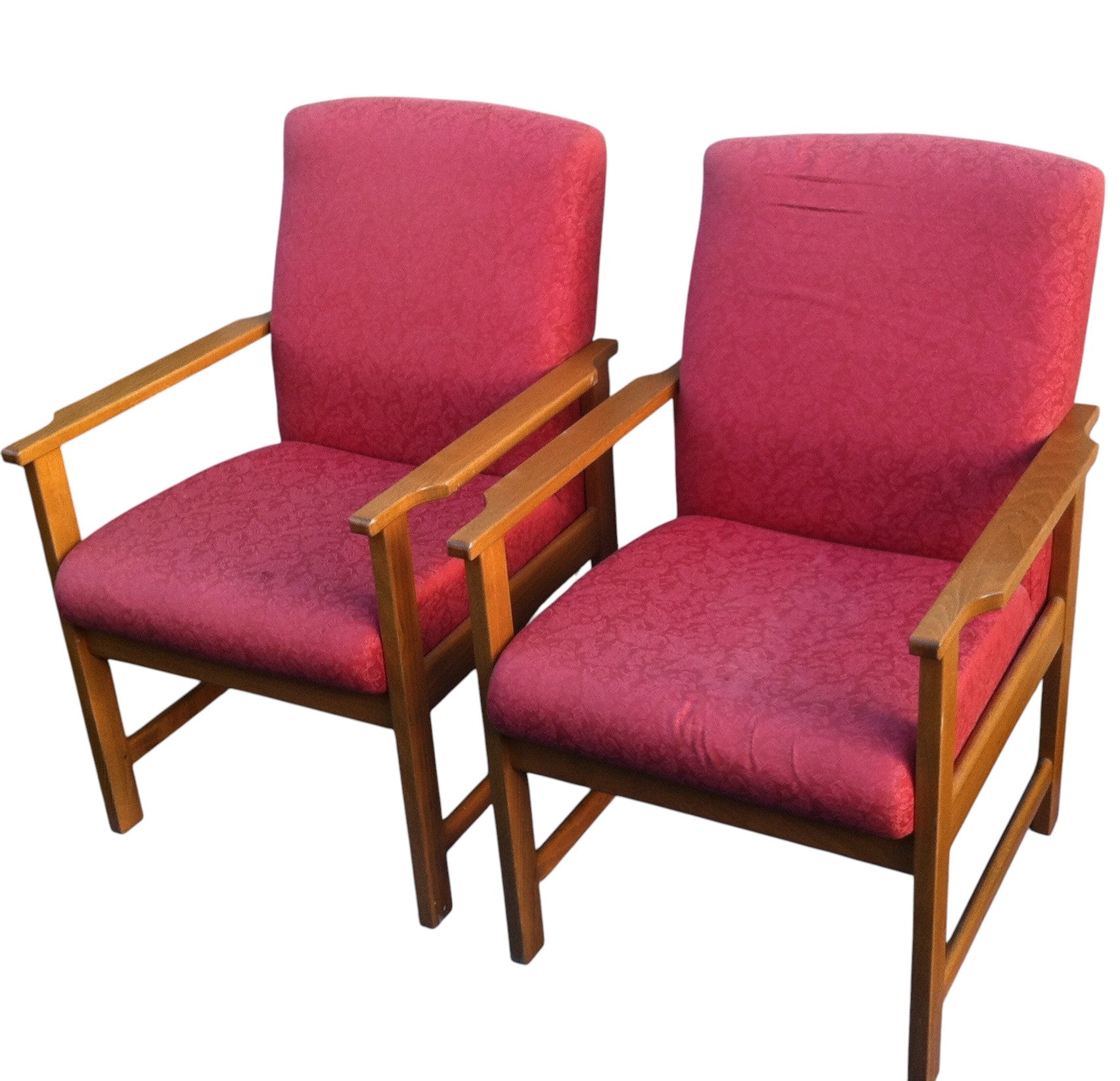 Pair of vintage Mid-Century Danish style lounge armchairs with beech wood frames and red retro fabric upholstery, circa 1960s–70s.
