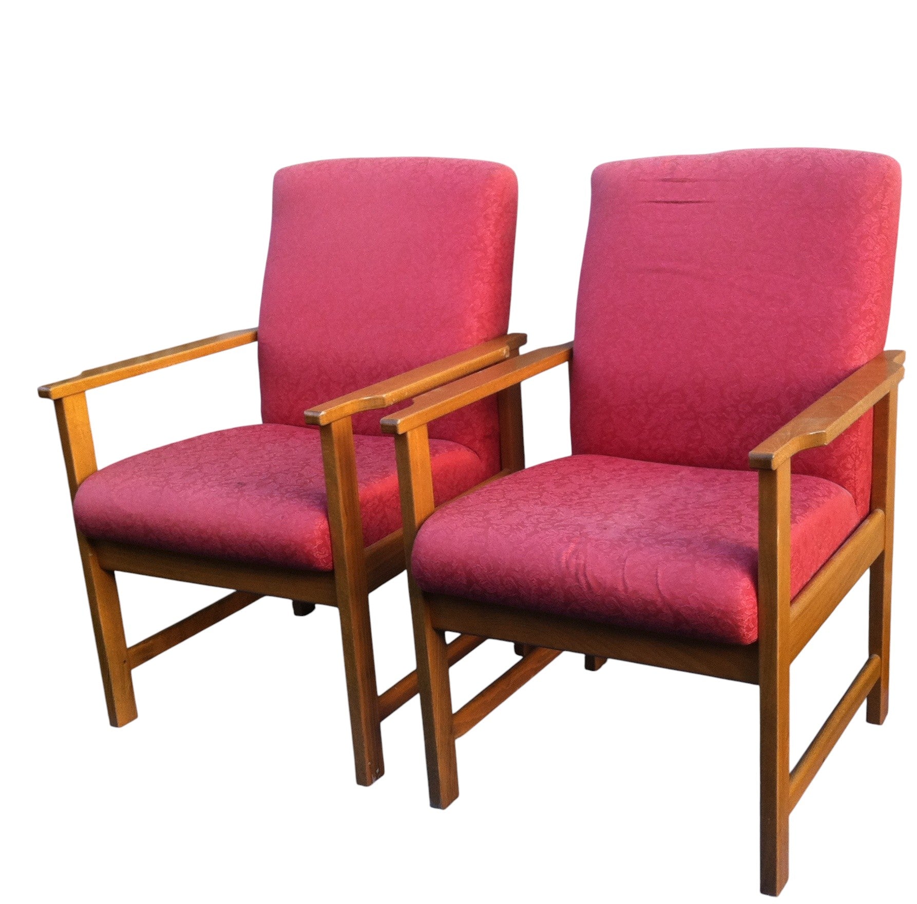 Pair of vintage Mid-Century Danish style lounge armchairs with beech wood frames and red retro fabric upholstery, circa 1960s–70s.