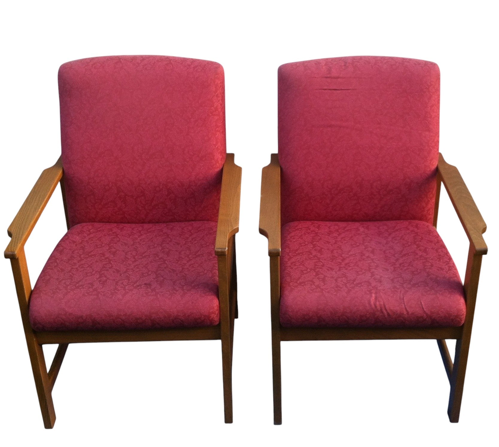 Pair of vintage Mid-Century Danish style lounge armchairs with beech wood frames and red retro fabric upholstery, circa 1960s–70s.
