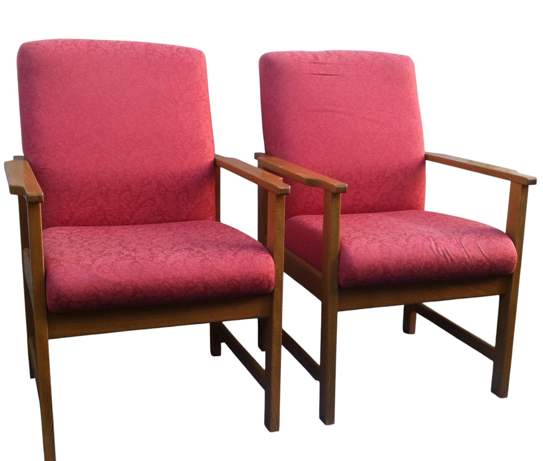 Pair of vintage Mid-Century Danish style lounge armchairs with beech wood frames and red retro fabric upholstery, circa 1960s–70s.