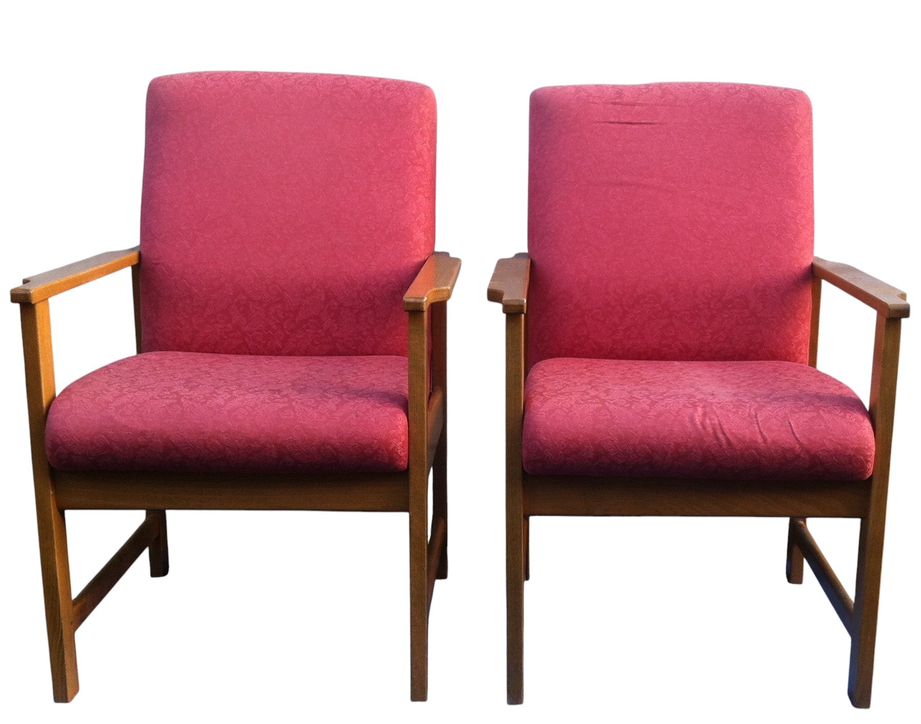 Pair of vintage Mid-Century Danish style lounge armchairs with beech wood frames and red retro fabric upholstery, circa 1960s–70s.