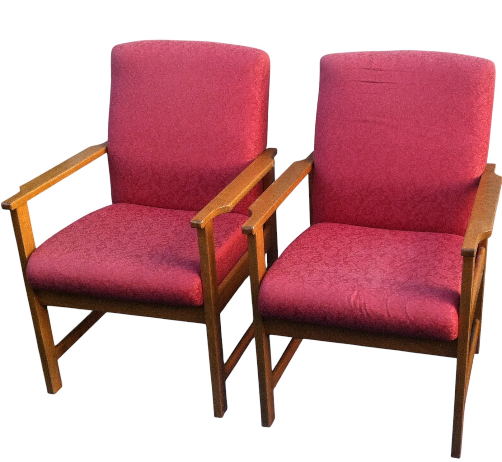 Pair of vintage Mid-Century Danish style lounge armchairs with beech wood frames and red retro fabric upholstery, circa 1960s–70s.
