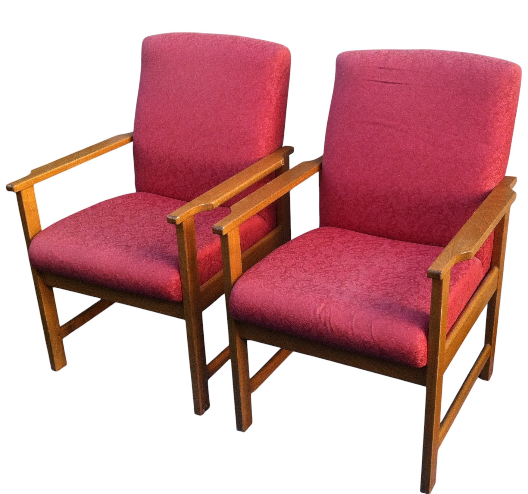 Pair of vintage Mid-Century Danish style lounge armchairs with beech wood frames and red retro fabric upholstery, circa 1960s–70s.