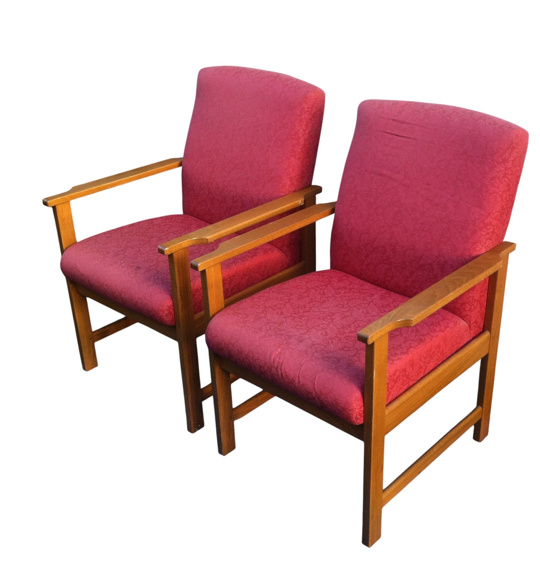 Pair of vintage Mid-Century Danish style lounge armchairs with beech wood frames and red retro fabric upholstery, circa 1960s–70s.