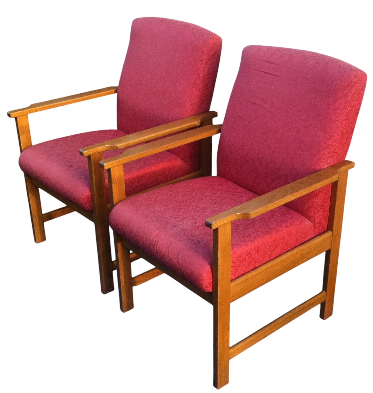 Pair of vintage Mid-Century Danish style lounge armchairs with beech wood frames and red retro fabric upholstery, circa 1960s–70s.