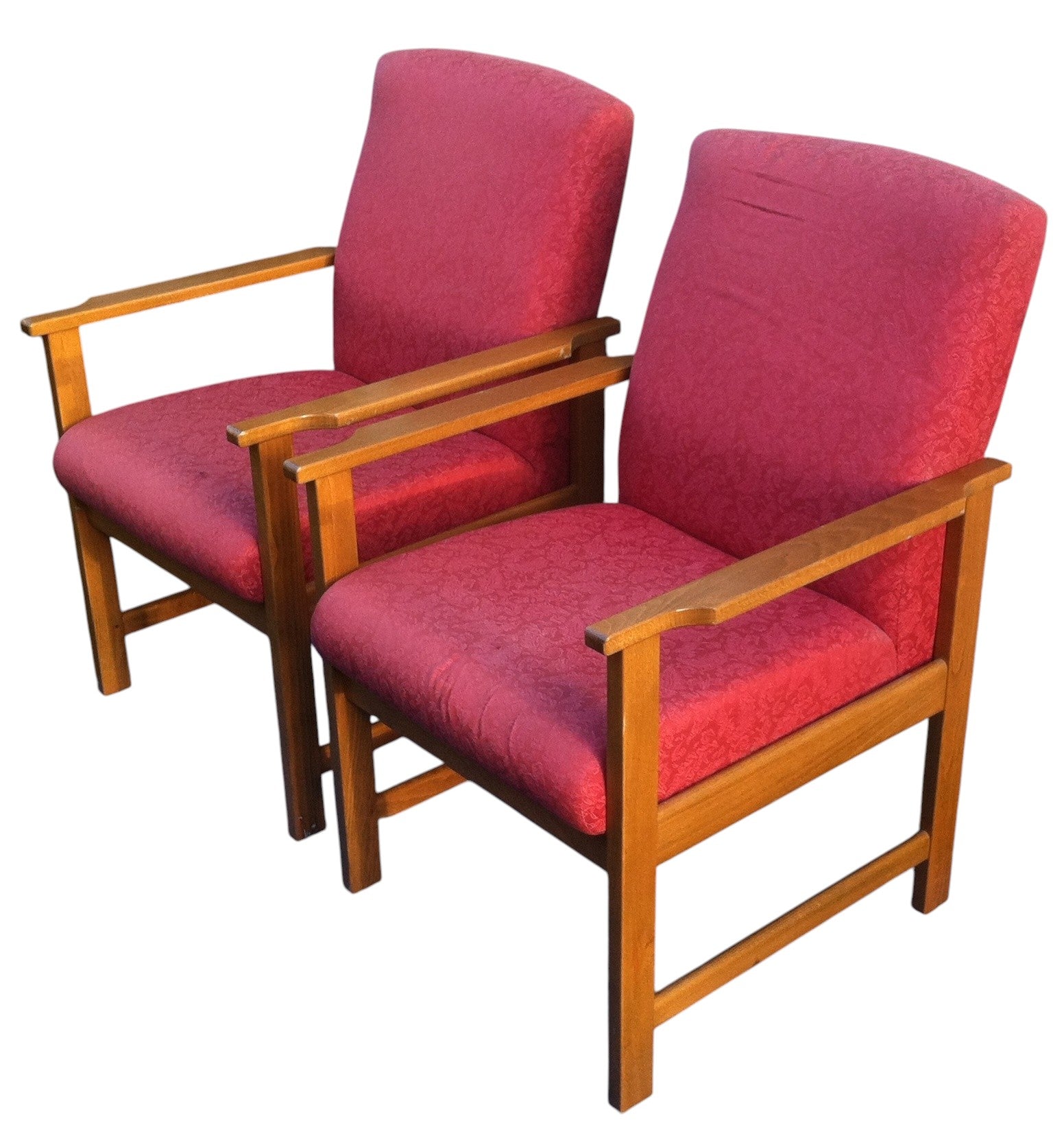 Pair of vintage Mid-Century Danish style lounge armchairs with beech wood frames and red retro fabric upholstery, circa 1960s–70s.