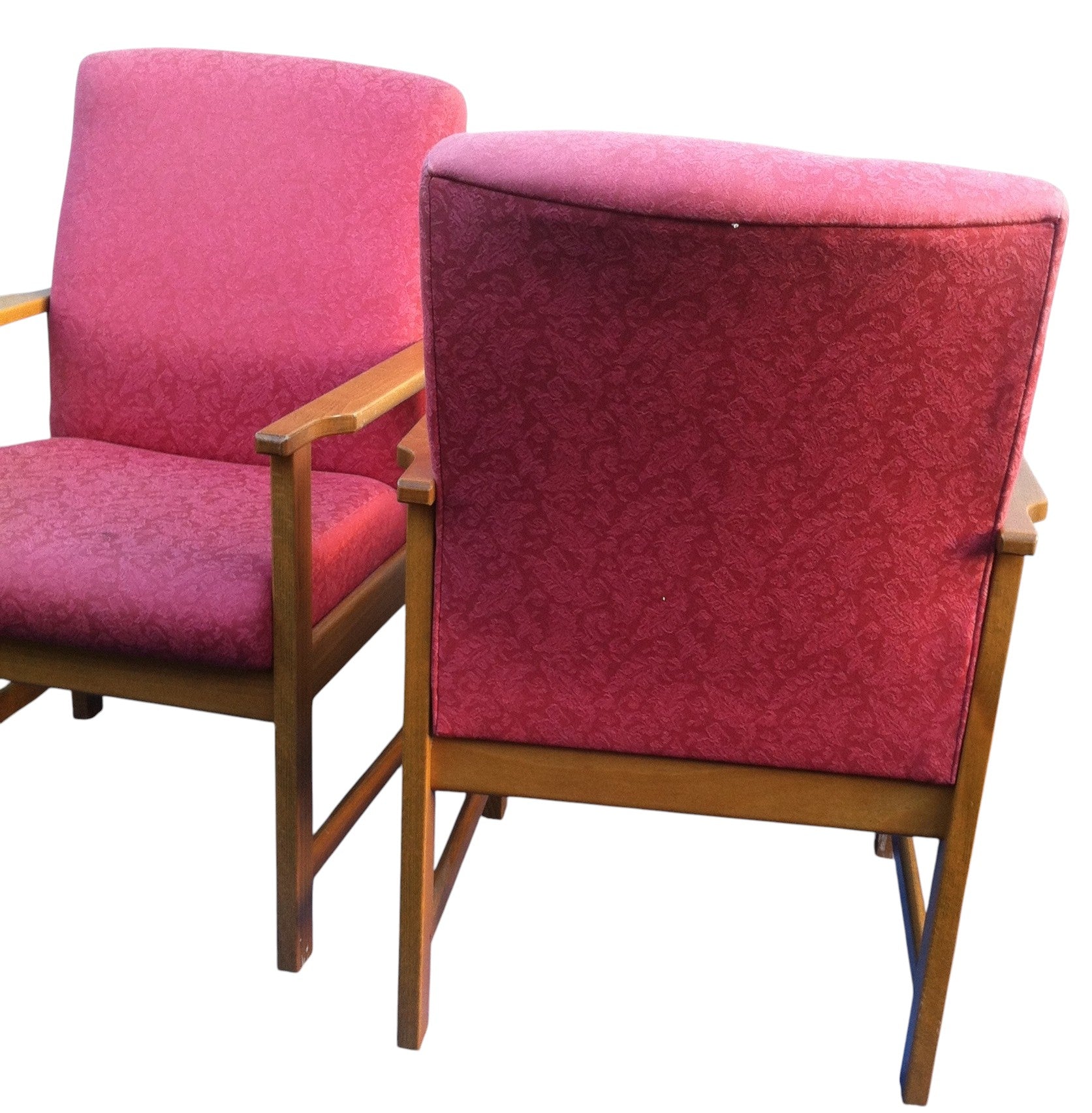 Pair of vintage Mid-Century Danish style lounge armchairs with beech wood frames and red retro fabric upholstery, circa 1960s–70s.