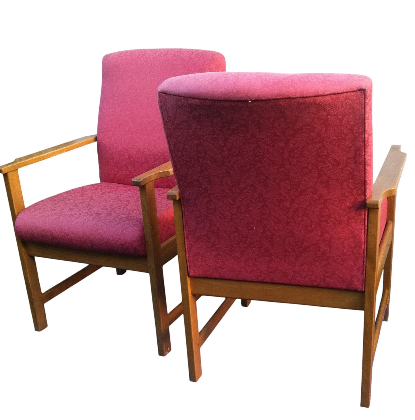 Pair of vintage Mid-Century Danish style lounge armchairs with beech wood frames and red retro fabric upholstery, circa 1960s–70s.