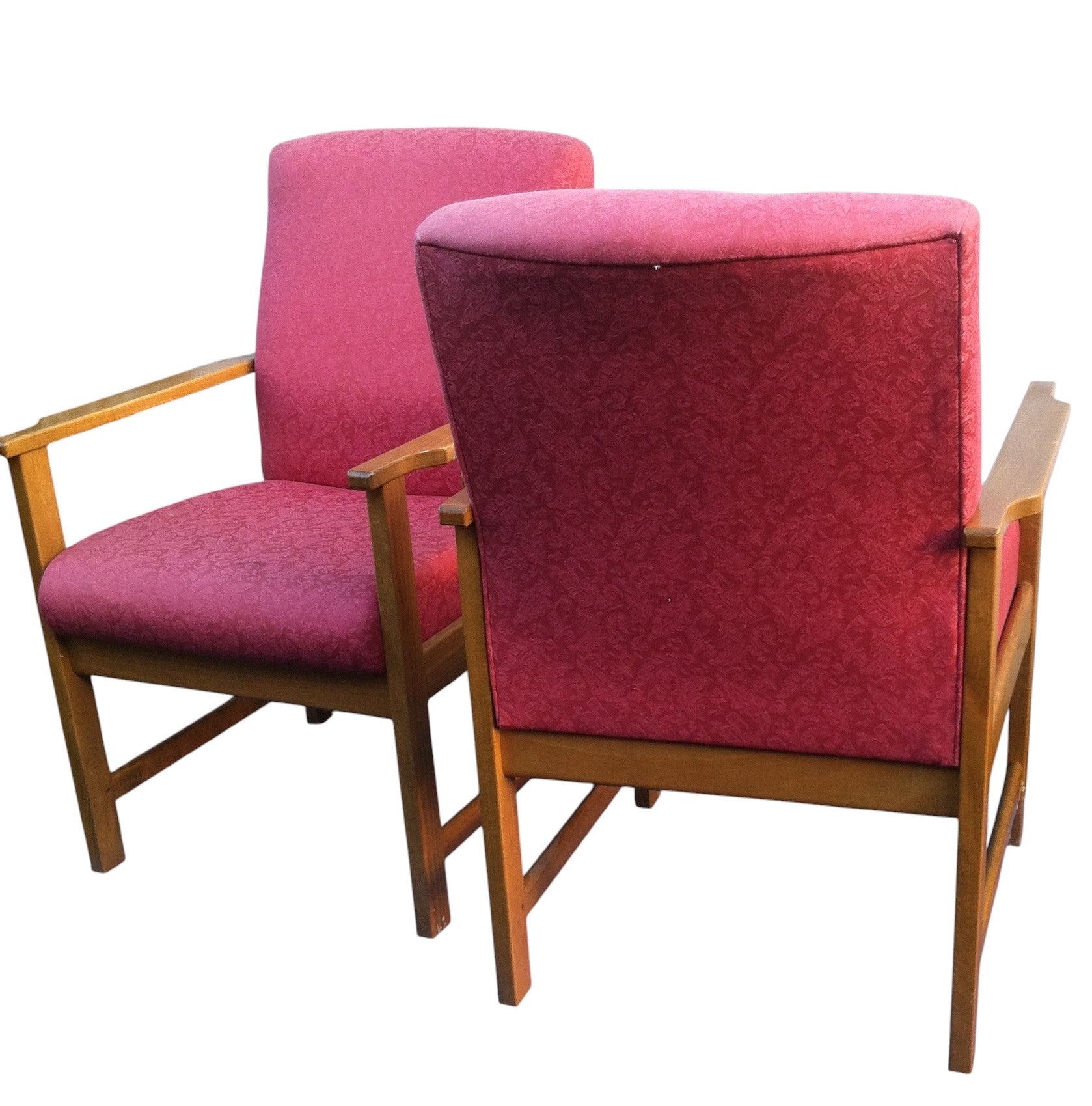 Pair of vintage Mid-Century Danish style lounge armchairs with beech wood frames and red retro fabric upholstery, circa 1960s–70s.