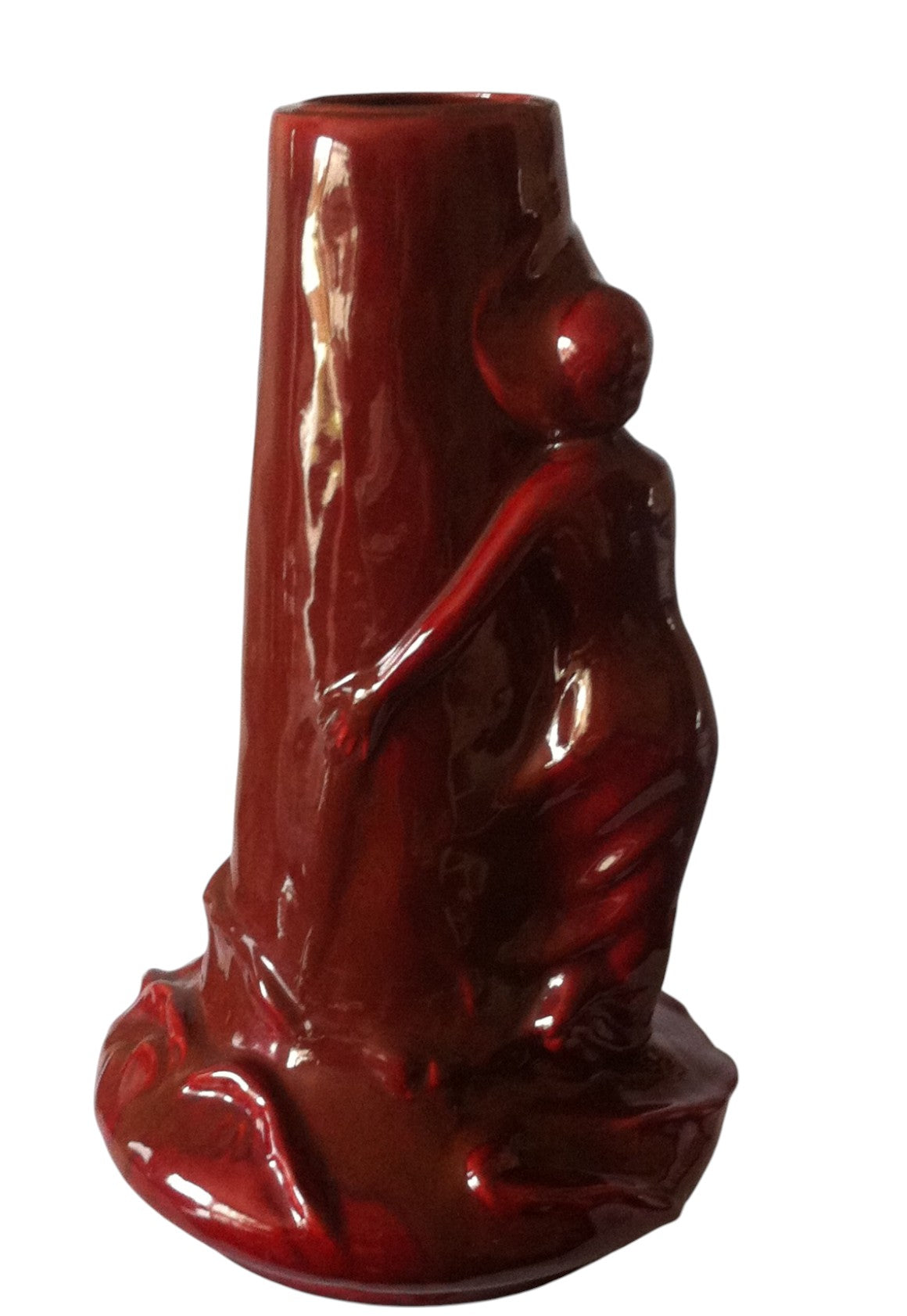 Side view of large Zsolnay eosin glaze vase with sculpted woman in flowing drapery, Art Nouveau style.