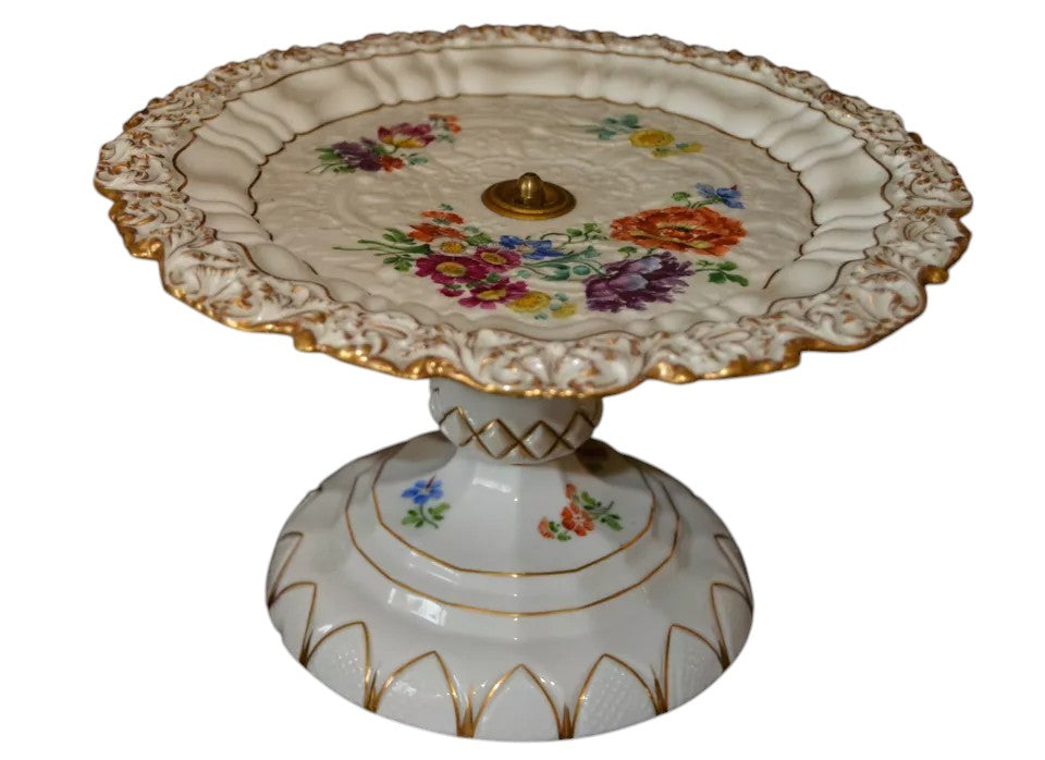 Antique Meissen Porcelain Cake Stand | Hand-Painted Floral Centerpiece, 1830