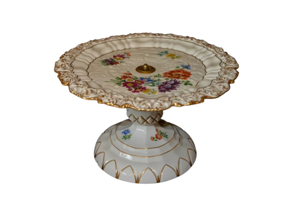 Antique Meissen Porcelain Cake Stand | Hand-Painted Floral Centerpiece, 1830