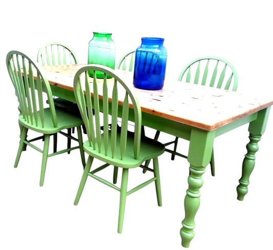 Country Vintage Rustic Pine Farmhouse Dining Table with 5 Chairs