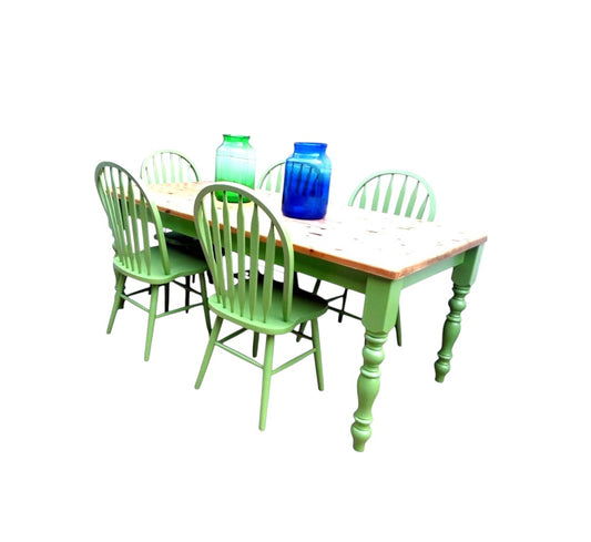 Country Vintage Rustic Pine Farmhouse Dining Table with 5 Chairs