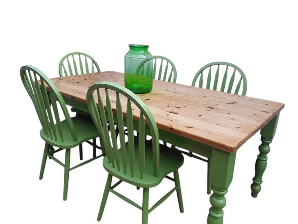 Country Vintage Rustic Pine Farmhouse Dining Table with 5 Chairs
