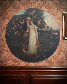 Antique Watcombe Torquay terracotta plaque, 19th century, hand-painted with a romantic couple, signed Heaven’s Gate by Gertrude House.