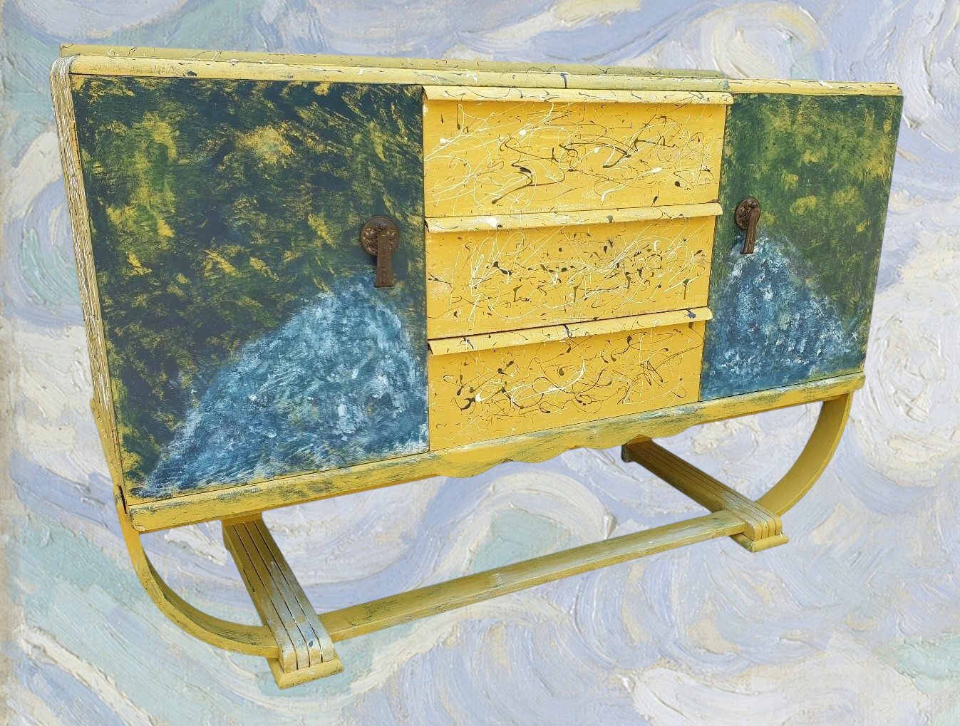 Vintage Mid-Century Hand-Painted Sideboard inspired by Van Gogh