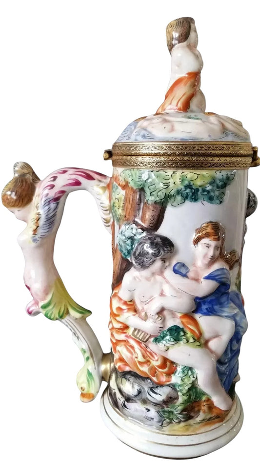 Vintage Capodimonte Hand-Painted Jug with Cupid Finial – Italian Majolica Porcelain