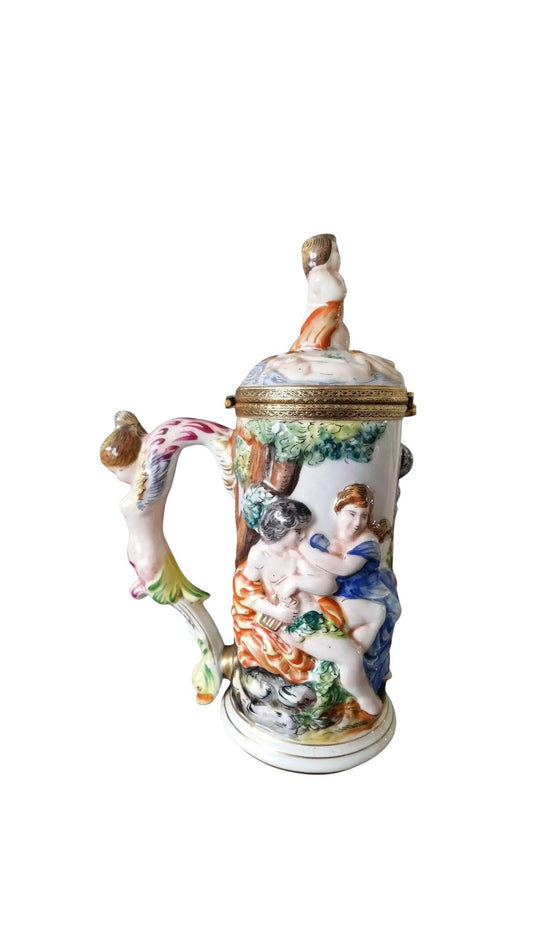 Vintage Capodimonte Hand-Painted Jug with Cupid Finial – Italian Majolica Porcelain