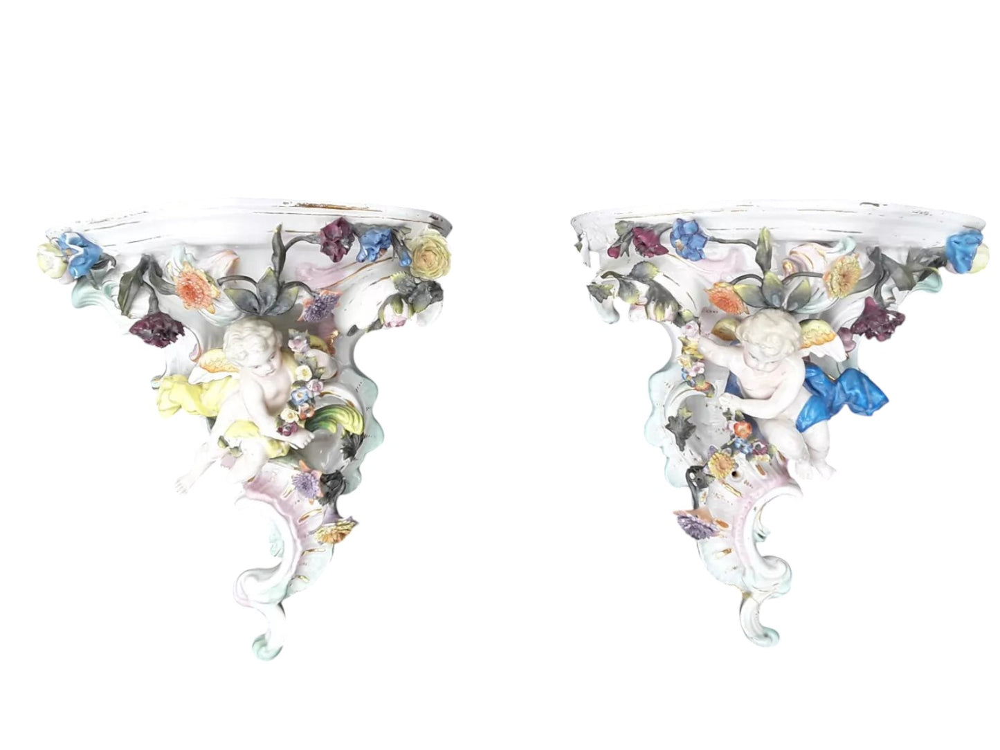 Pair of Dresden Porcelain Wall Brackets with Cherubs & Floral Decoration – AR Mark
