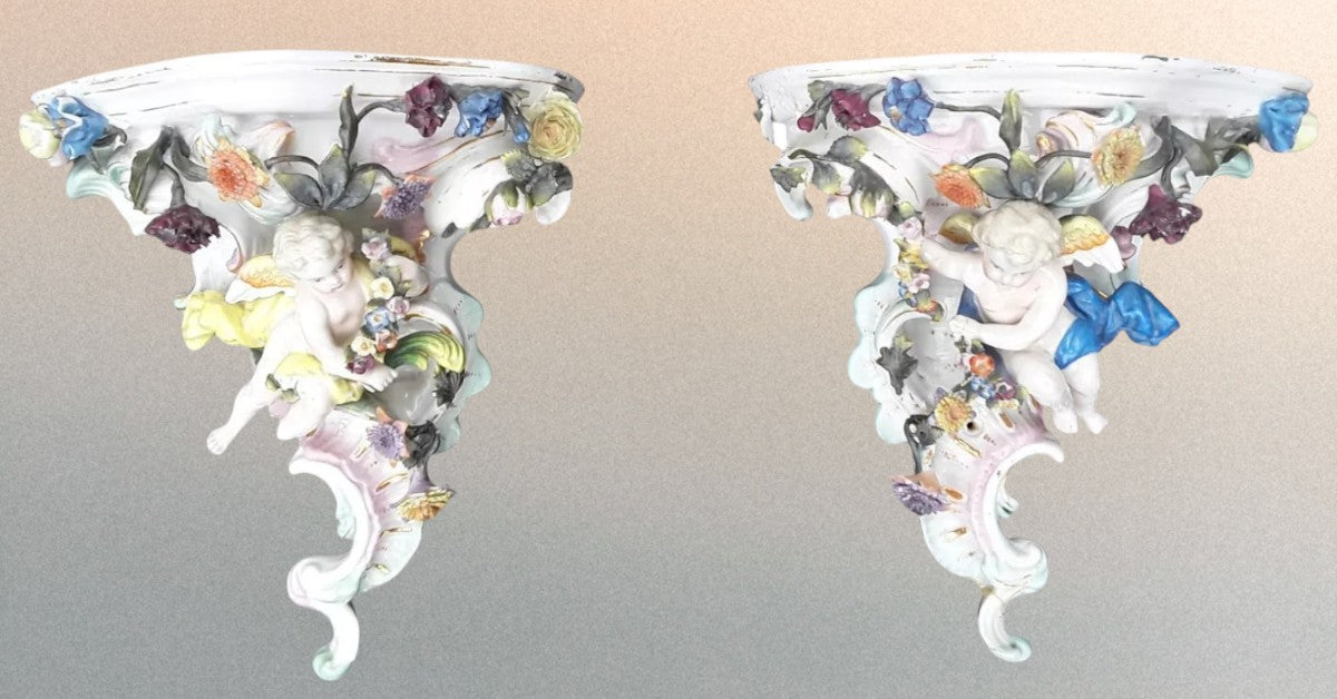 Pair of Dresden Porcelain Wall Brackets with Cherubs & Floral Decoration – AR Mark