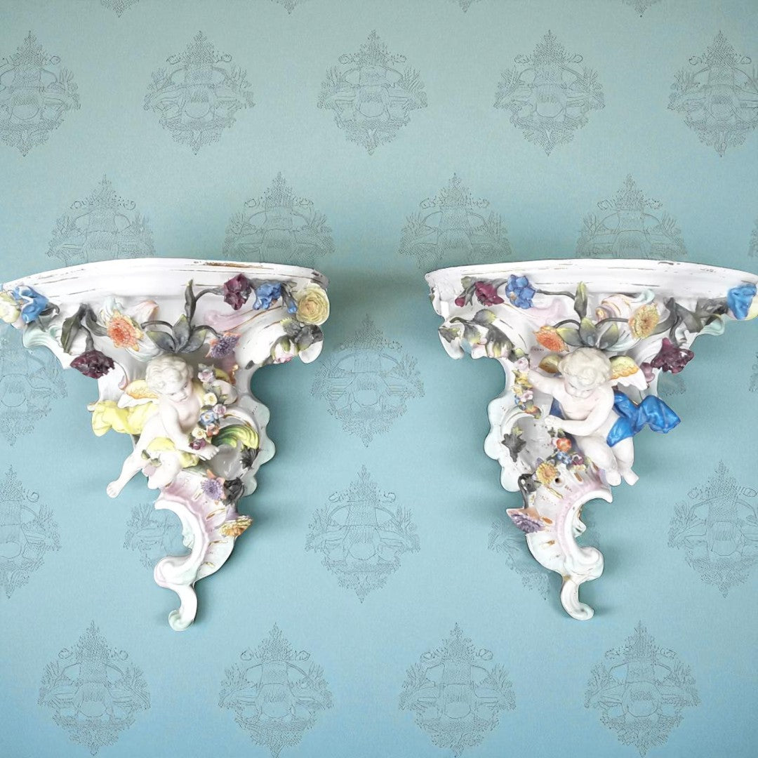Pair of Dresden Porcelain Wall Brackets with Cherubs & Floral Decoration – AR Mark