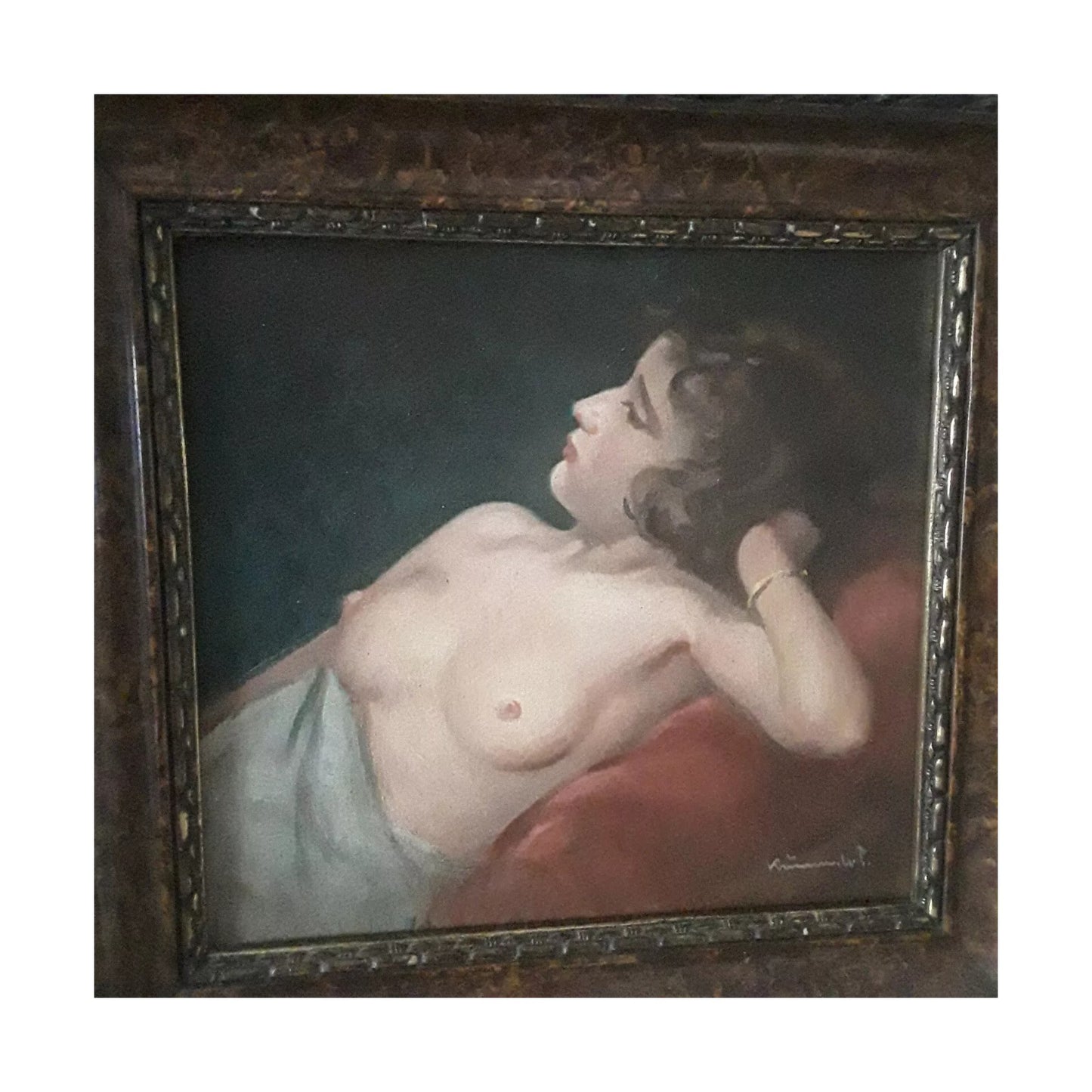 Original watercolor painting of a reclining nude woman signed Krümmer, framed artwork measuring 20.5 × 22 cm.