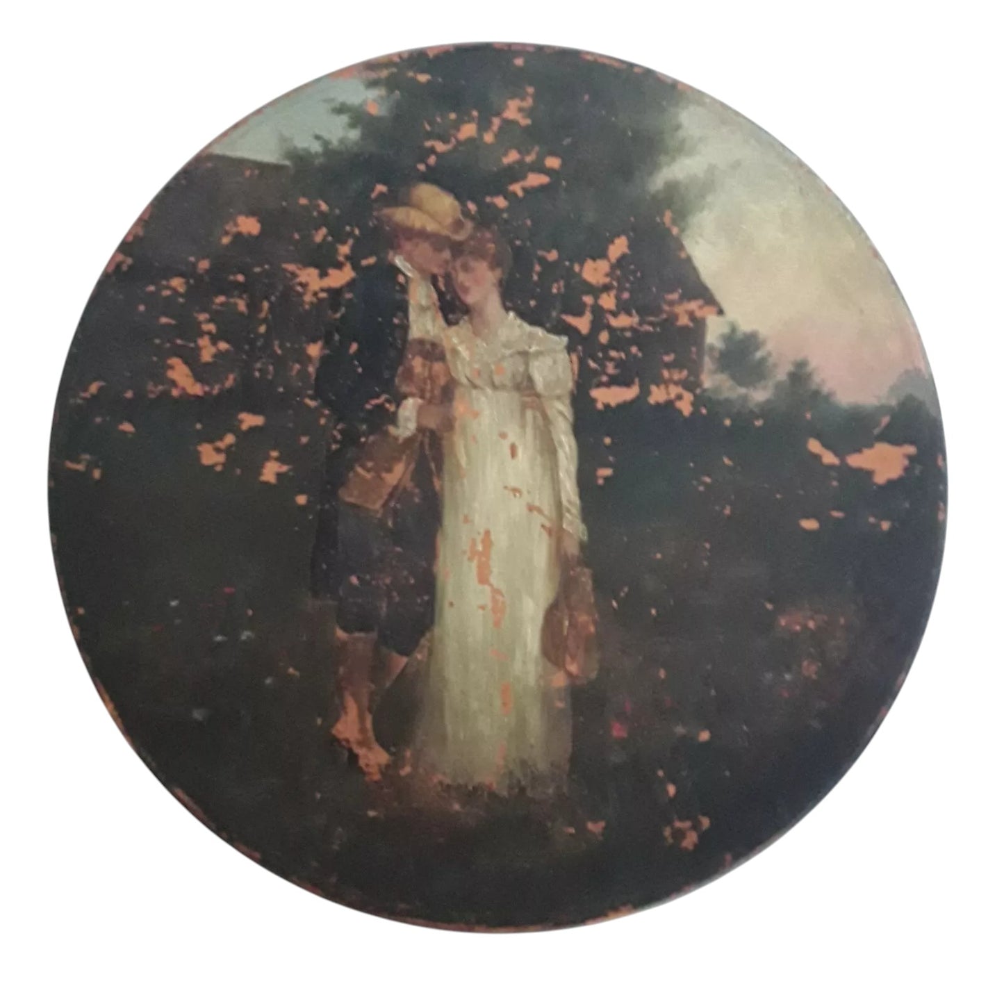 Antique Watcombe Torquay terracotta plaque, 19th century, hand-painted with a romantic couple, signed Heaven’s Gate by Gertrude House.