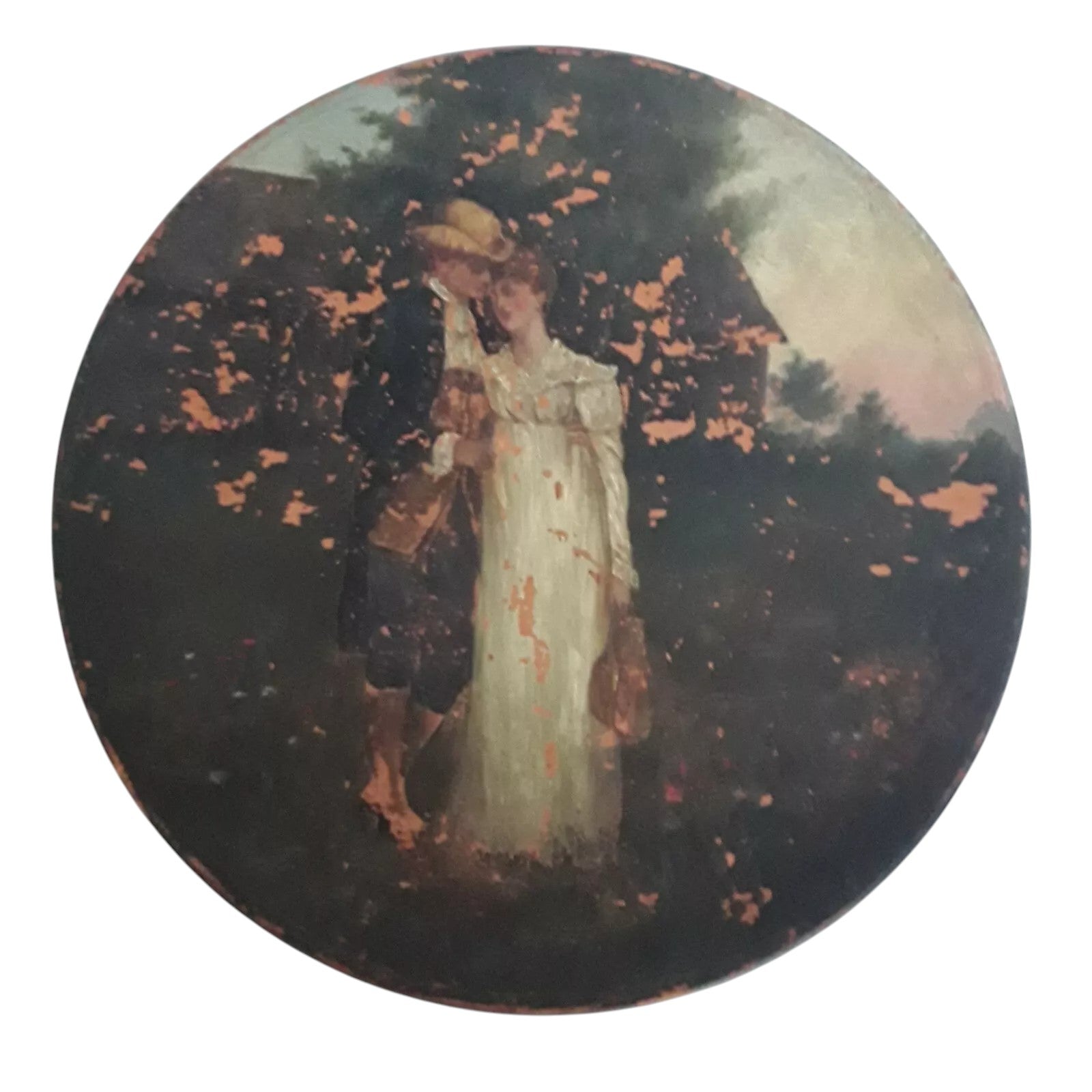 Antique Watcombe Torquay terracotta plaque, 19th century, hand-painted with a romantic couple, signed Heaven’s Gate by Gertrude House.