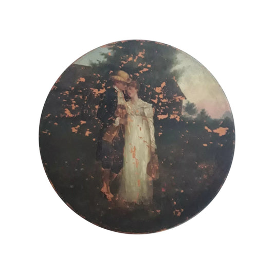Antique Watcombe Torquay terracotta plaque, 19th century, hand-painted with a romantic couple, signed Heaven’s Gate by Gertrude House.