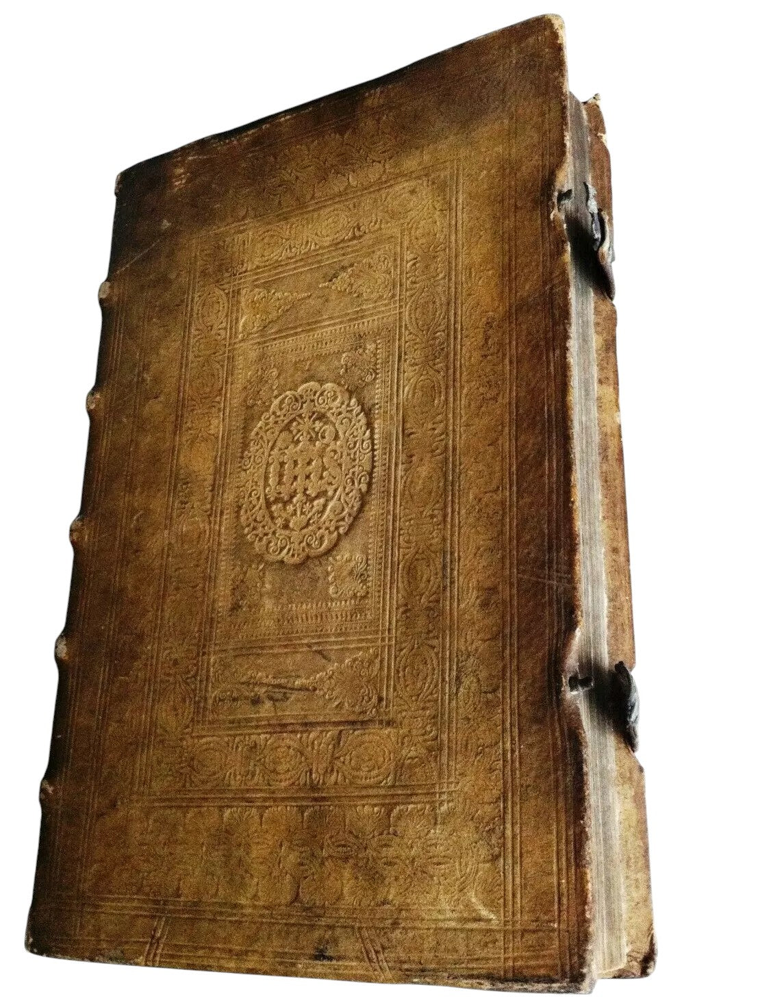 Antique 1694 theological book Theologia Tripartita Universa by Richardi Arsdekin, embossed leather cover