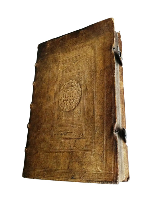 Antique 1694 theological book Theologia Tripartita Universa by Richardi Arsdekin, embossed leather cover