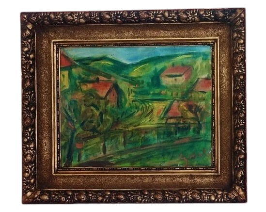 Oil painting on board by Hungarian modernist painter Béla Adalbert Czóbel, depicting a colorful landscape of Szentendre with houses and green hills.