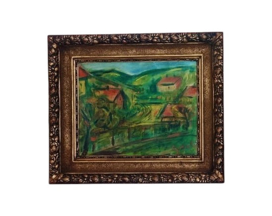 Oil painting on board by Hungarian modernist painter Béla Adalbert Czóbel, depicting a colorful landscape of Szentendre with houses and green hills.