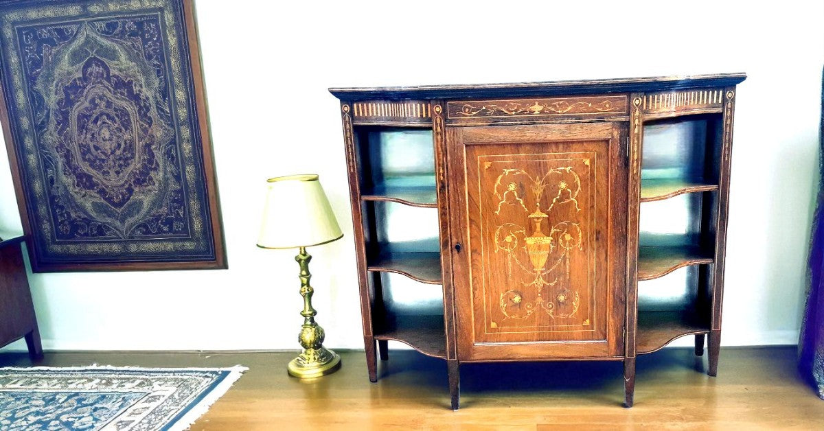 Edwardian rosewood credenza with neoclassical inlay and open shelves