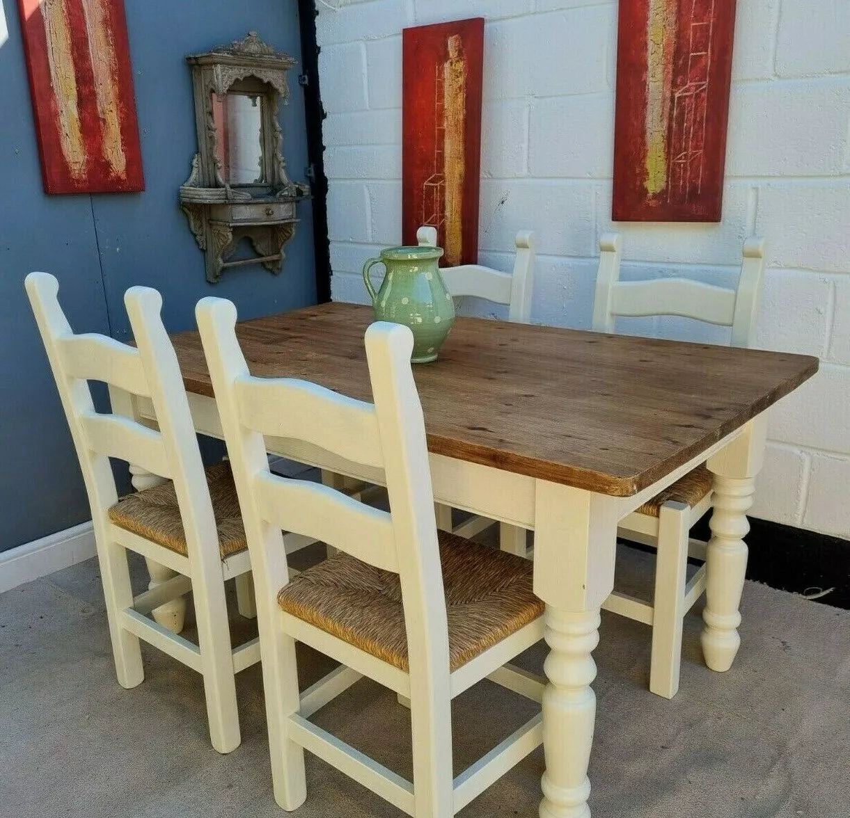 Rustic Farmhouse Pine Dining Table with Four Chairs – Antique Vintage Style