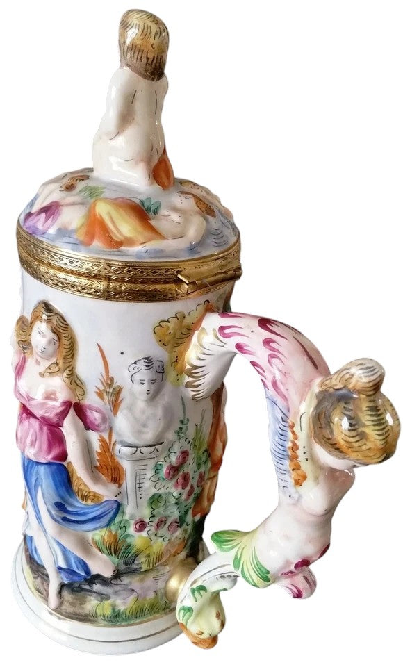 Vintage Capodimonte Hand-Painted Jug with Cupid Finial – Italian Majolica Porcelain