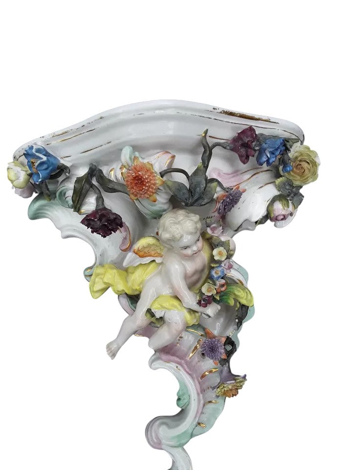 Pair of Dresden Porcelain Wall Brackets with Cherubs & Floral Decoration – AR Mark