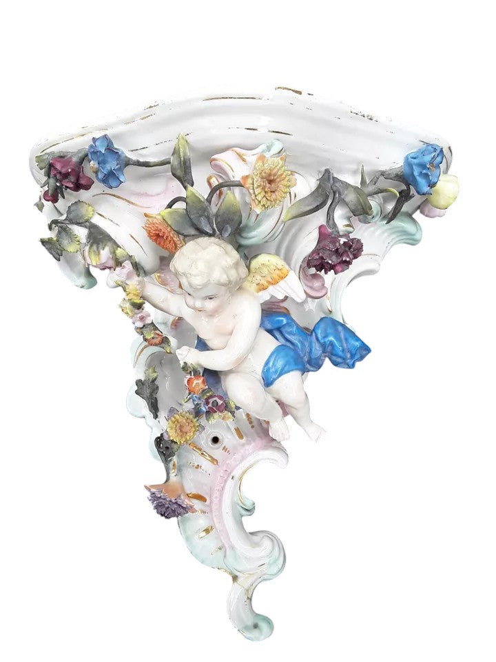 Pair of Dresden Porcelain Wall Brackets with Cherubs & Floral Decoration – AR Mark