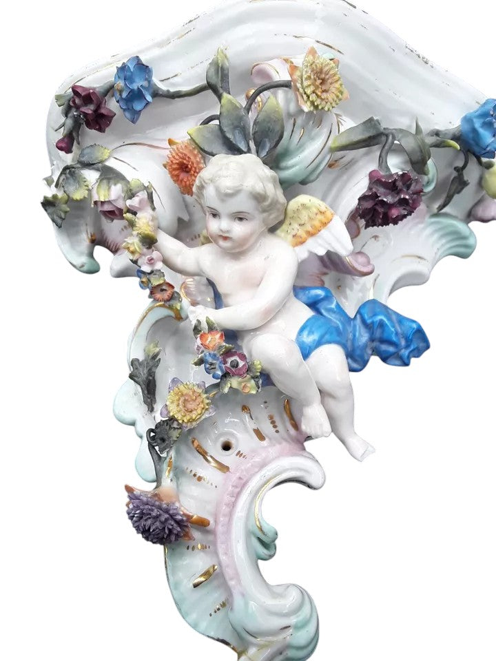 Pair of Dresden Porcelain Wall Brackets with Cherubs & Floral Decoration – AR Mark