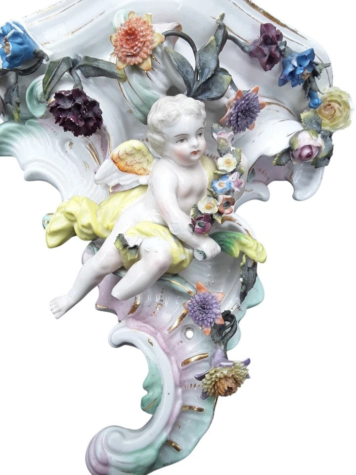 Pair of Dresden Porcelain Wall Brackets with Cherubs & Floral Decoration – AR Mark